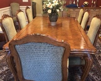 FREMARC FRENCH COUNTRY PARQUET DINING TABLE WITH 10 CHAIRS AND SIDEBOARD.  86"X 48" WITH 2-24" REFRACTORY LEAVES FOR A TOTAL OF 134" OR  
 11' 2"!  ALL PADS INCLUDED!