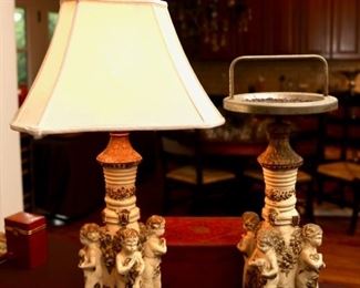 Vintage Italian Hollywood Regency Angel Cherub Table Lamp & Matching Ash Tray Stand