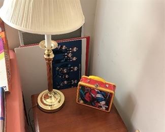 Spiderman lunchbox, one drawer stand and table lamp