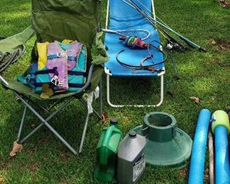 lawn chairs, life jackets, fishing, lake toys