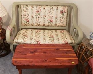 upholstered/wooden inside settee, coffee table, garden stools