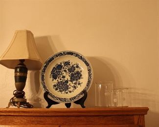 antique marble lamp-blue plate-scientific beakers