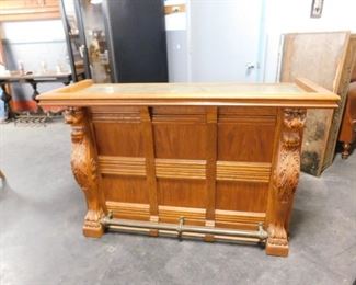 Solid Oak ornate carved 5' bar with brass rail & top