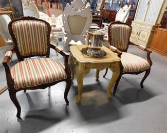(2) Vintage reupholstered solid wood fabric arm chairs 