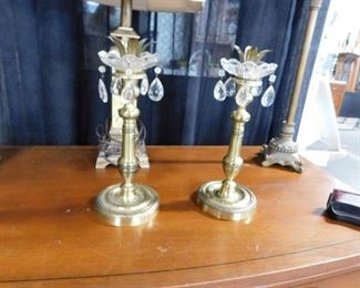 (2) Brass candlesticks holders with bobesh & crystals