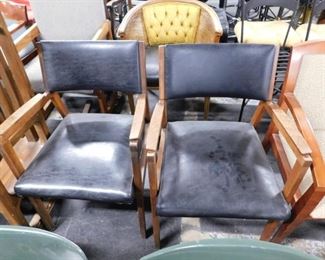 Alma Desk Co MCM Teak framed  black vinyl padded guest arm chairs