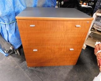 Wood grain style laminate 2 drawer lateral file cabinet (usable but has damage in back) 