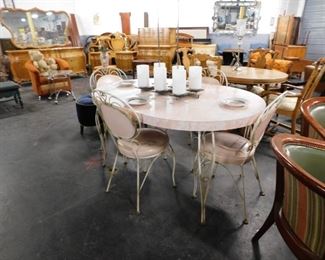 5 Pc. MCM Pink formica table & 4 white metal Bistro chairs