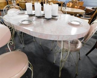 5 Pc. MCM Pink formica table & 4 white metal Bistro chairs