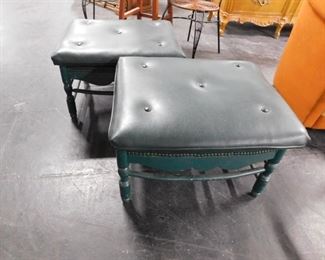 (2) Green leather padded top green painted wooden frame ottomans