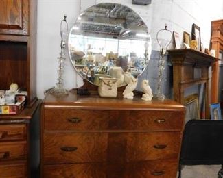 1930's Solid burled wood waterfall dresser with mirror