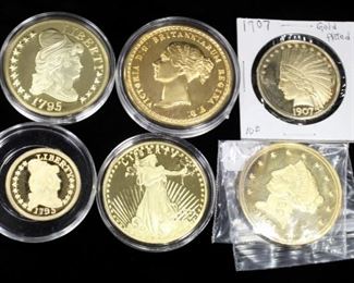 Gold Plated Copies Of US Coins, 1.5" Dia, Includes 1795 Liberty (And 1"), 1841 Liberty Head, 1933 St Gaudens Double Eagle, 1907 Indian Head $10