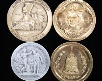 1962 Andrews Raid "Great Locomotive Chase" Commemorative Bronze Medal, Pewter 1781 Victory At Cowpens Medal, Mission San Buenaventura Medal And More