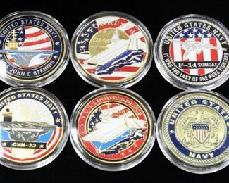 US Navy Challenge Coins, Includes USS Forrestal, USS Independence, USS George Washington, F-14 Tomcat, USS John C Stennis And Navy Seal, Qty 6