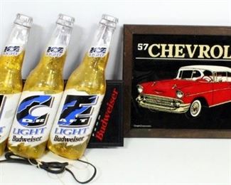 Budweiser Ice Draft Light Beer Dimensional Wall Hanging Light, 16.5"H x 19.5"W x 6"D, Powers On, And '57 Chevy Bel Air Wall Art 17.75"x14"