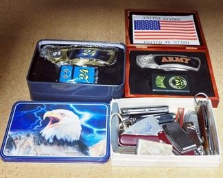 Pocket Knives, Includes U.S. Army Knife And Lighter Set In Wood Box, #24 Knife And Lighter Set In Tin, And Assorted Knives