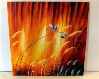 Wang Zheng, "Chinese Feng Shui Love Birds Painting Abstract Art" (Yellow/Orange Background), Hand Painted Original Oil On Canvas, 30" x 30", With COA