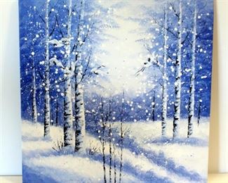 Wang Zheng, "Chinese Feng Shui Love Birds Painting Abstract Art" (Snow Background), Hand Painted Original Oil On Canvas, 30" x 30", With COA