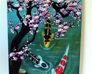 Wang Zheng, "Chinese Feng Shui Koi Fish Painting Abstract Art", Hand Painted Original Oil On Canvas, 40" x 24", With COA