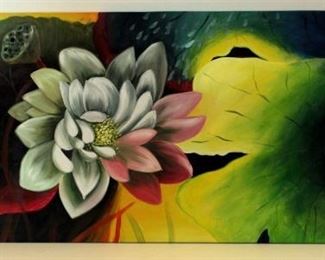 Wang Zheng, "Chinese Feng Shui Lotus Painting Art", Hand Painted Original Oil On Canvas, 3 Panels 60" x 24" (With All 3 Panels Together), With COA