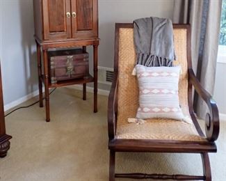 JEWELRY CHEST on legs/ WOOD & WICKER SIDE CHAIR / Asian chest not for sale