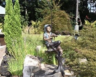 3. Bronze Garden Sculpture of Young Boy Fishing