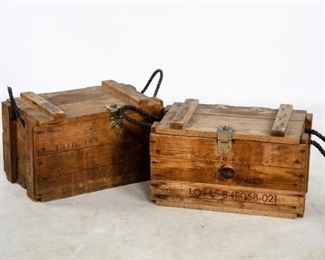 Lot 202. Two vintage hand grenade crates made of wood with woven rope carrying handles. They are approximately 11.5" H x 19.5" W x 11.5" D.