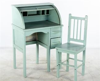 Lot 38. Painted Vintage Child's Desk And Chair.