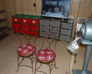 coca cola soda fountain chairs, exercise equipment and tons of rolling cabinets