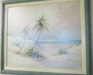 Palm Tree Seascape Oil Painting Artist Signed Runci