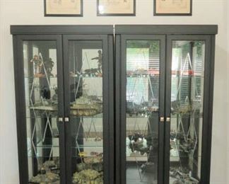 Pair Dark Wood Framed Mirrored Curio Display Cabinets with Bottom Drawer
