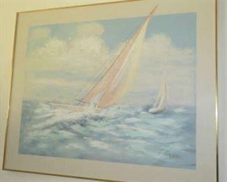 Mid Century Sail Boat Seascape Painting Artist Signed, T. Allen