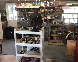 TOOLS, OLD HEATERS AND FANS