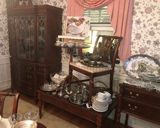 VINTAGE DINING ROOM FURNITURE COLLECTION- TABLE, 6 CHAIRS, CHINA CABINET, SERVER AND SMALL 2 DRAWER CHEST BY JB VANSCIVER. GREAT VALUE FOR SOMEONE WHO WANTS TO RE-PURPOSE