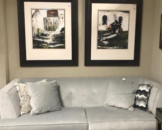 Gorgeous light blue-gray velveteen sofa and two new art pieces  10% off items