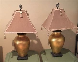 Beautiful Matching Gold Ceramic and Metal Base Lamps. Fancy Shades and top