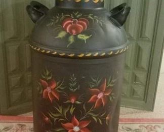 Unique Flowered Tole Painted Milk Can, with small dent