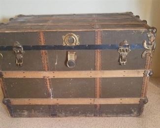 antique Flat-Top Steamer Trunk, with Wood Slats & Brass Corners, Leather Handles are Damaged