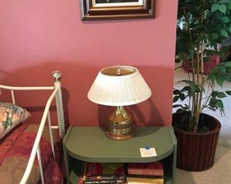 Adorable Green Painted Side Table with shelves. Handcrafted Brass Lamp, Vint. Cookbooks, Framed Floral Painting