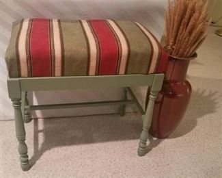 Vintage Northwest Chair Co. Painted Bench with Thick Upholstered Padding & Burgundy Mikasa Vase