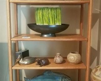  Oak 2-Door Display/Bookcase. Signed Pottery Pieces and Ducks are Included