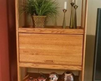  Oak Display/Bookcase with Door Compartment. Signed Southwestern Pieces, Brass Fish, All You See is Included