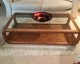 Quality Wood & Glass Coffee Table with Beautiful Decorative Glass Bowl. Great Condition.