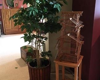  Bamboo Bird Cage, Small Pine Table, Faux Ficus Tree approx. 5'.5"