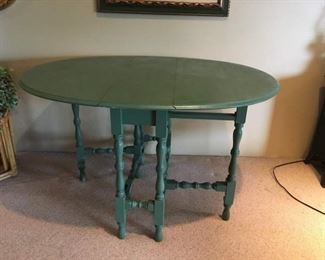 Painted Green Vintage Drop Leaf Table with Turned Legs. 48" x 36"