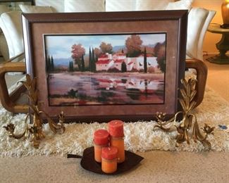 Beautifully Framed Italian Scene Picture 40x27", Metal Hanging Candle Sconces, Decorative Candle Trio & Metal Leaf Tray