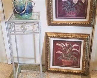 Beautiful Signed Pottery Vessel, Two Gold Framed Prints & Metal Table with Beveled Glass