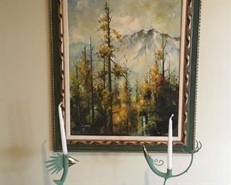 Vintage Framed Original Painting by C. Wang 31" x 37", Tall Metal Whimsical Handmade Candlestick Holders.
