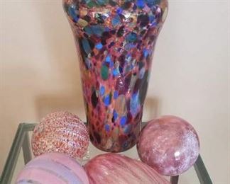 Gorgeous Confetti Art Glass Vase and Blown Glass Ornaments