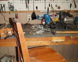 work stool, saws, tools